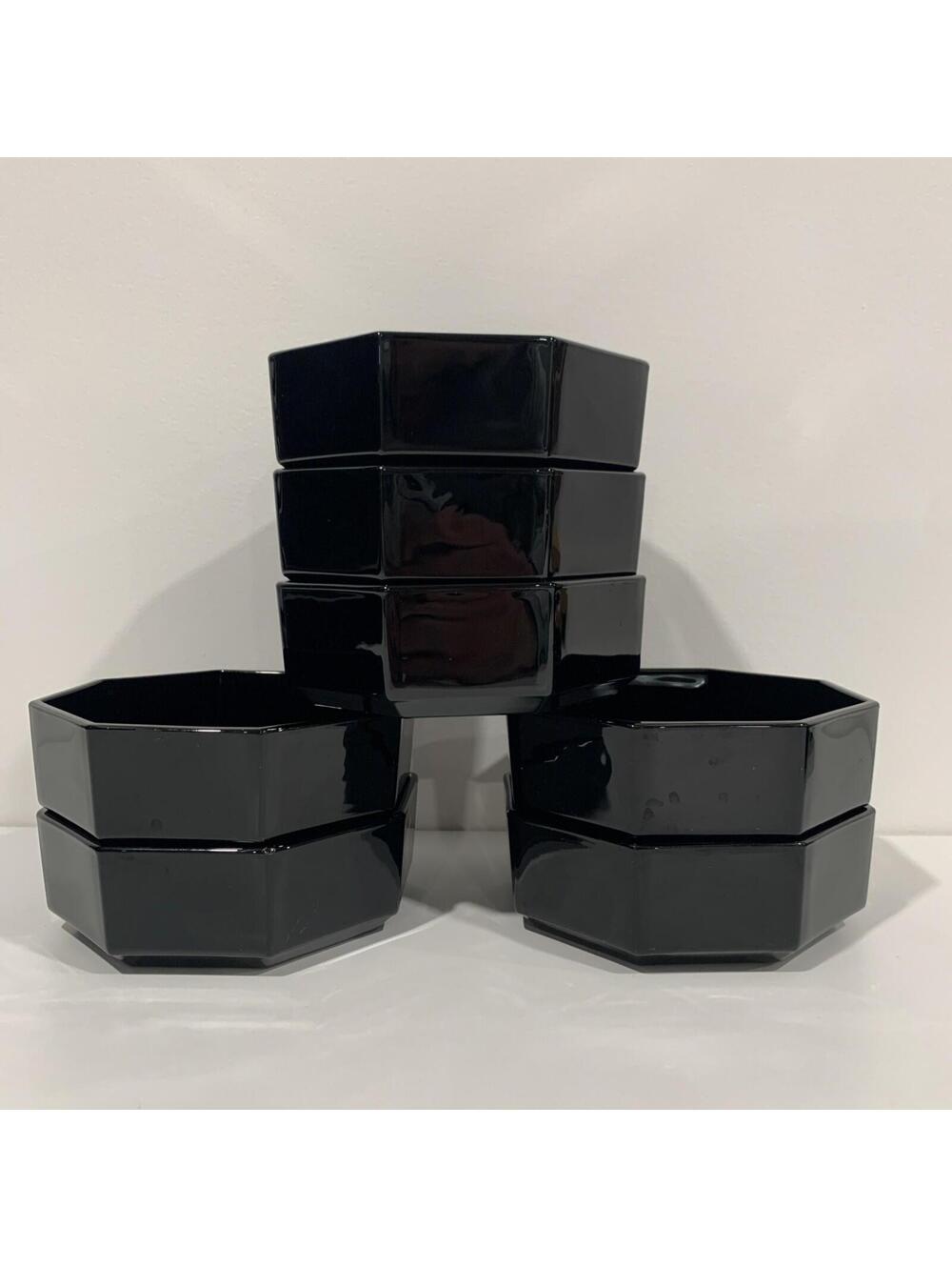 Arcoroc France Octime Black Glass Octagon Bowl Art Deco Style Set 7 Vintage Euc